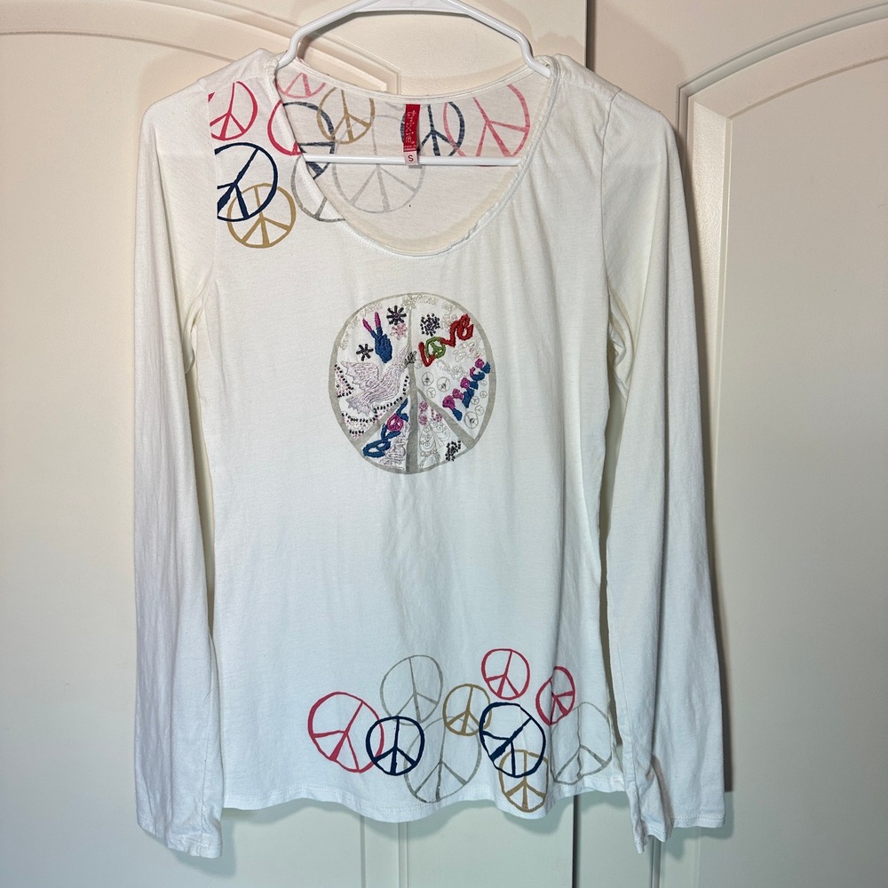 Trixie Y2K Peace‎ Sign Graphic Long Sleeve Top Embroidered Beaded Love Small